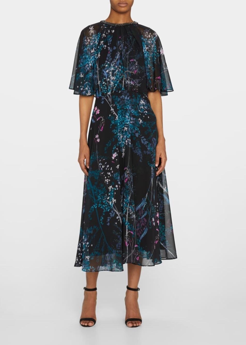 Teri Jon by Rickie Freeman Black Floral Print Chiffon Capelet Cocktail Dress 10